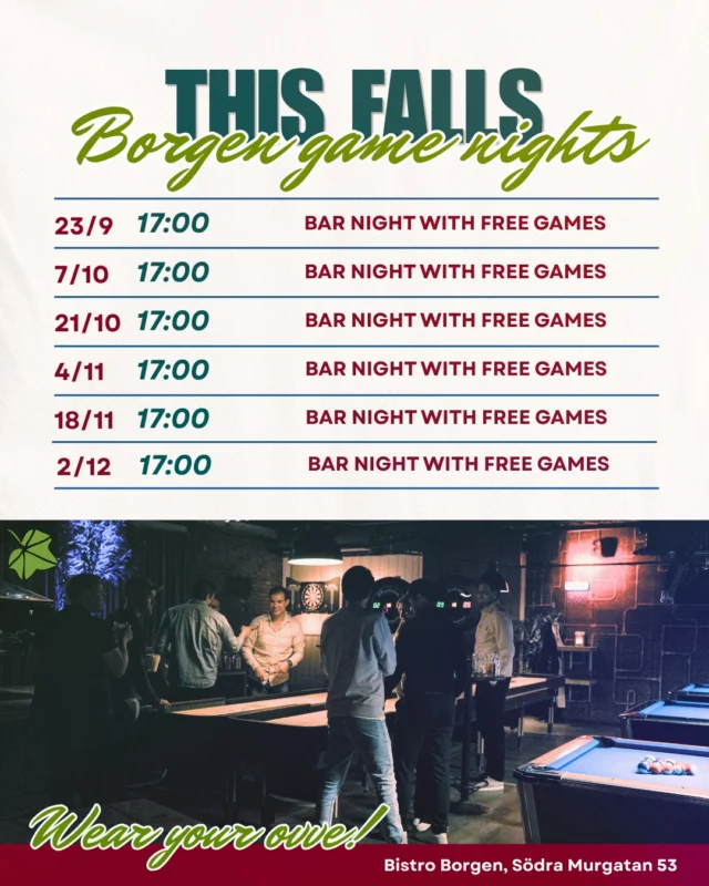 🎯Bistro Borgen Game Nights — every other wedensday!

Join us at Bistro Borgen at with free games after 17:00 every other Wednesday for game nights 🌿