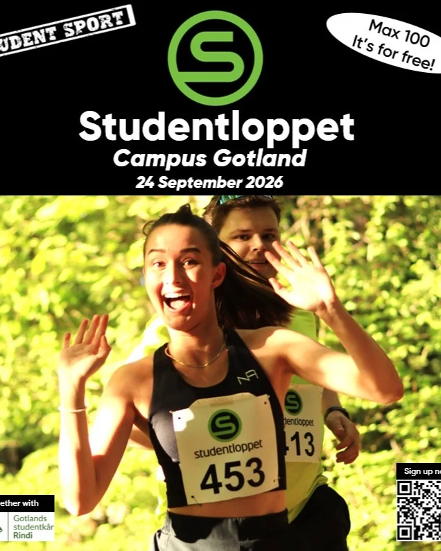 The Student Run, on 24 September, is free and is open to all students at Campus Gotland. You can walk, jog, or run at your own pace, for a lap around Visby city wall (ringmuren) of about 4 km.

👉Start at 18:00 outside the Student union Rindi. More information will be sent to you before the race.

Max 100 participants - first come, first served!

➡️Sign up for the run: look for ’The Student Run’ in @uucampusgotland events calendar’ where you will find a link to the registration form!

Welcome! 😊

🇸🇪Studentloppet 24 september är gratis och riktar sig till alla studenter på Campus Gotland. Du kan gå, jogga eller springa i din egen takt, ett varv runt Visby ringmur på cirka 4 km.

👉Start kl 18.00 utanför Gotlands studentkår Rindi. Mer information skickas till dig innan loppet.

Max 100 deltagare – först till kvarn gäller!

➡️Anmäl dig till loppet: leta upp ”Studentloppet” i kalendarium @uucampusgotland Där hittar du länk till anmälan!

Välkommen! 😊